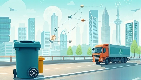 A futuristic illustration depicting a cityscape with smart waste bins equipped with sensors, waste collection trucks following optimized routes, and a central control hub monitoring waste levels and pickups, illustrating efficiency and sustainability in waste management.
