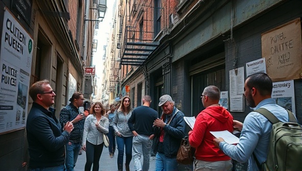 An urban cityscape scene with participants exploring a hidden alleyway filled with clues and puzzles, interacting with the environment and each other as they unravel the secrets of the city, capturing the adventurous spirit of CityQuest Expeditions' urban exploration quests.