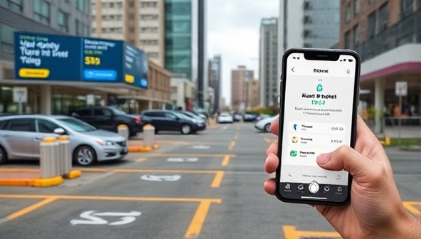 An urban parking lot scene with digital signage displaying real-time parking availability and pricing information, smart sensors guiding vehicles to vacant parking spaces, and a mobile app interface on a smartphone showing a user reserving a parking spot, highlighting the convenience and efficiency of ParkWise's smart parking management system.
