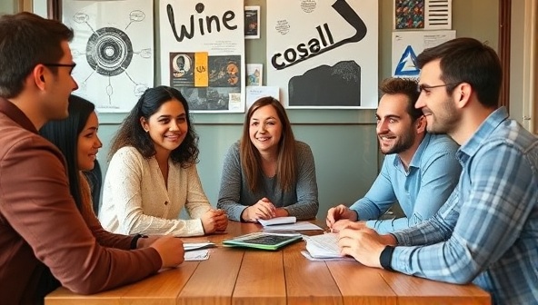 An image of a diverse group of local writers and business owners engaged in a productive meeting, exchanging ideas and collaborating on potential sponsored content projects, showcasing the platform