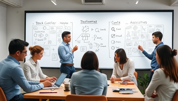A virtual brainstorming session with professionals from diverse backgrounds engaging in creative activities, sketching ideas on digital whiteboards, and sharing innovative concepts in a collaborative and dynamic workshop setting, symbolizing creativity and teamwork.