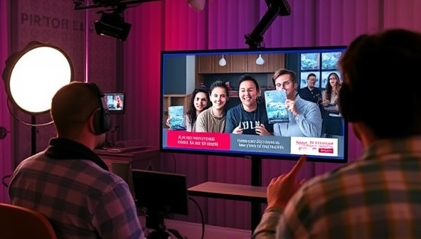 An engaging live stream setup with a content creator hosting a broadcast, featuring interactive ad overlays that allow viewers to click, shop, or participate in real-time activities, highlighting the immersive and interactive nature of LiveAdEngage in live video advertising.