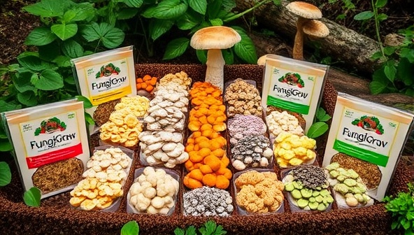 An enticing display of FungiGrow Kits, featuring colorful mushroom varieties growing in neat rows of substrate bags, surrounded by lush green foliage and natural textures, conveying the simplicity and joy of cultivating fresh mushrooms at home.