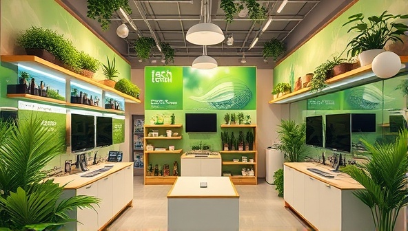 An image of a modern and sustainable tech store interior with eco-friendly telecom products displayed in a green-themed setting, emphasizing the store's commitment to environmental sustainability and responsible consumer choices.