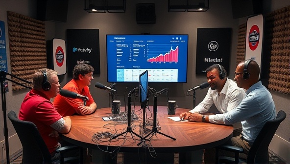 A dynamic podcast studio setup with microphones, soundproofing panels, and recording equipment, featuring podcast hosts engaged in a lively discussion, surrounded by branded merchandise and a screen displaying podcast analytics, symbolizing professional podcast production and hosting.