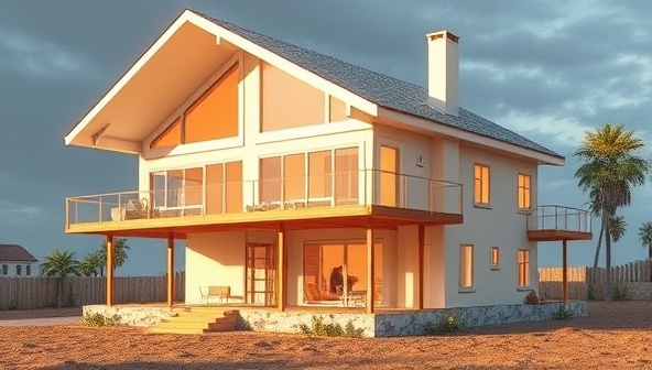 A conceptual architectural rendering of a disaster-resilient home design featuring reinforced structures, elevated foundations, storm-resistant windows, and sustainable building materials, illustrating the integration of safety and sustainability in residential architecture.