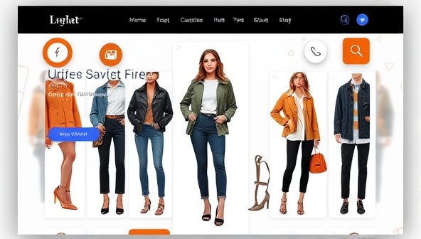 A sleek and modern website interface displaying virtual outfit combinations on a digital model, surrounded by fashion accessories and clothing items, creating a visually appealing and interactive user experience.