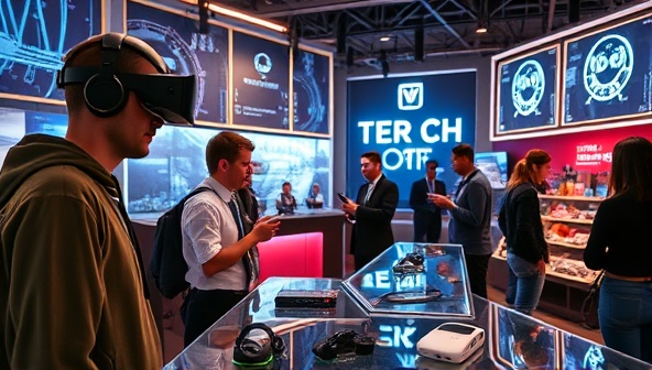 An interactive tech discovery hub ambiance with futuristic gadgets on display, customers testing out virtual reality headsets, tech experts leading workshops, and a tech lounge area for digital enthusiasts to engage with cutting-edge technology, creating a dynamic and immersive tech experience for all.