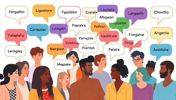 A diverse group of individuals engaging in a lively virtual conversation, each represented by an avatar, with speech bubbles in different languages floating around, creating a vibrant and multicultural learning atmosphere.