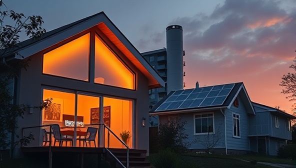 An enticing visual of a modern, eco-friendly smart home with glowing LED lights, automated thermostats, and solar panels, illustrating a sustainable and tech-savvy living environment.