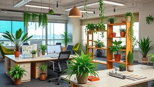 An office setting with eco-friendly decor, plants, and sustainable office supplies, reflecting the consultancy's commitment to environmental stewardship and green practices.