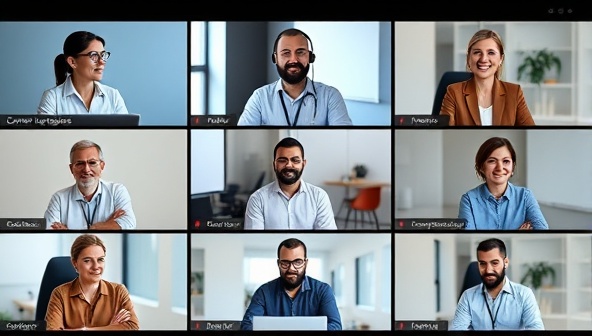 A diverse group of government employees participating in a virtual training session, engaged and interacting through digital screens, symbolizing modernized learning in the public sector.