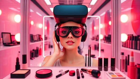 An immersive virtual reality makeup try-on experience showcasing a user trying different makeup looks in a digital mirror, surrounded by virtual beauty products and tools, creating a futuristic and interactive makeup exploration environment.