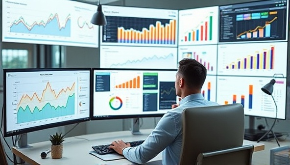 A modern digital workspace with a consultant analyzing data on multiple screens, surrounded by digital marketing graphs and charts, showcasing a strategic approach to online brand growth and engagement.