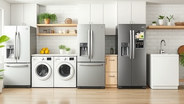 An appealing visual featuring a range of eco-friendly home appliances like energy-efficient refrigerators, washers, and smart thermostats, set in a modern kitchen environment with green accents and sustainability symbols, emphasizing the eco-conscious and stylish appeal of leased appliances.
