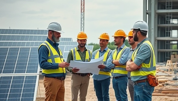 An architect discussing sustainable construction plans with a group of builders on a construction site, surrounded by solar panels and green building materials, symbolizing innovation and eco-consciousness.