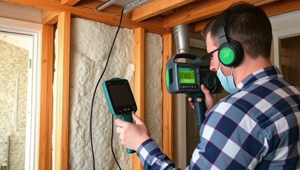An image of a professional conducting a home energy audit, using specialized equipment to assess insulation, HVAC systems, and energy leaks, highlighting the thorough and detailed approach of EcoAudit Homes.