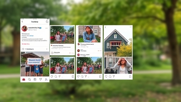 An engaging social media feed mockup showing posts tailored to a local neighborhood, featuring photos of community events, local businesses, and resident spotlights, creating a sense of community and connection through social media marketing.