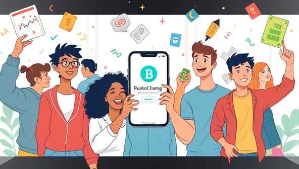 An animated graphic featuring diverse Gen Z individuals engaging with the PocketChange app, investing small amounts in various assets, and celebrating their financial achievements in a fun and interactive way, capturing the essence of the business idea.