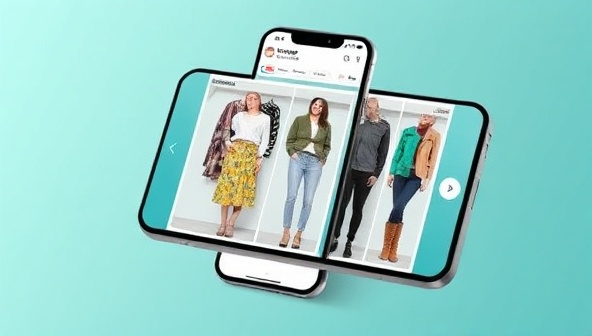 An artistic rendering of a smartphone screen displaying the StyleGenie app interface with virtual outfit suggestions superimposed on the user's uploaded wardrobe images, creating a seamless and personalized styling experience.