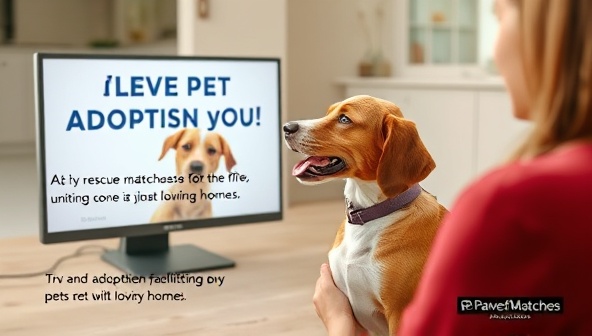 A heartwarming image of a virtual pet adoption event where a rescue dog interacts playfully with a potential adopter through a screen, conveying the joy and connection facilitated by Pawfect Matches in uniting pets with loving homes.