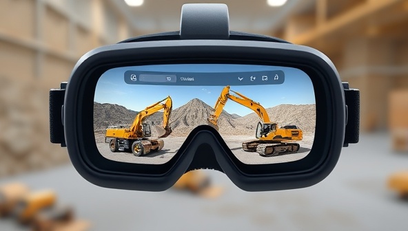 An immersive VR headset displaying a virtual mining equipment rental platform, with detailed 3D models of excavators and trucks for a realistic and convenient rental experience.