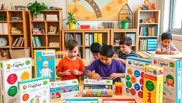 An array of colorful, hands-on STEM kits made from recycled materials, displayed in a vibrant classroom setting with children enthusiastically conducting experiments and building projects, emphasizing creativity and sustainability.