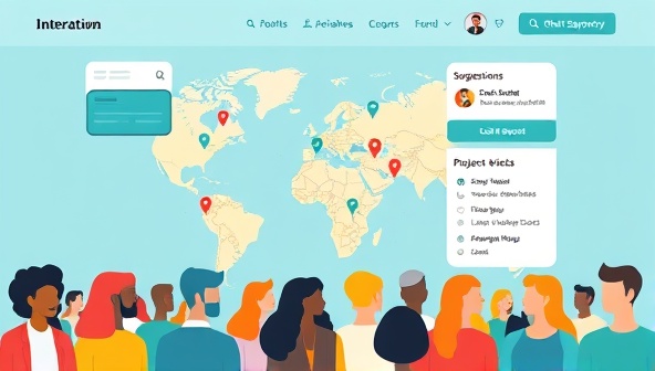 An interactive digital platform interface showcasing a map with pinned community projects, a suggestion box feature, and a live chat support option, surrounded by diverse avatars representing engaged citizens actively participating in discussions and initiatives.