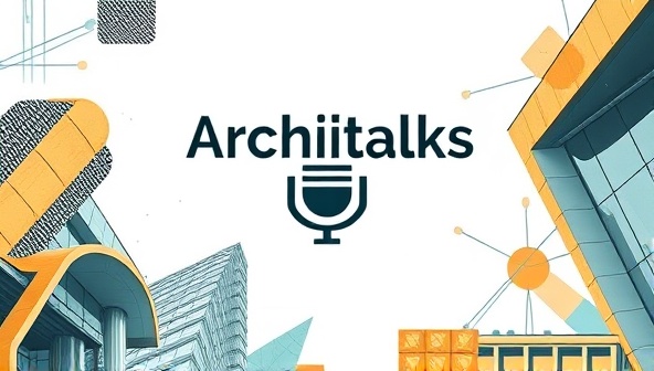 An artistic podcast cover design featuring architectural elements and a microphone symbol, representing the essence of Architalks Hub as a platform for architectural conversations and design dialogues in a digital audio format.