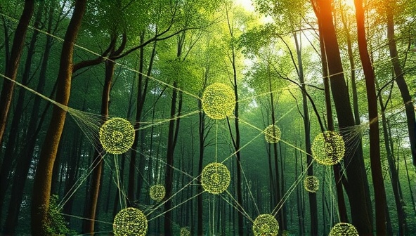 An artistic representation of a digital forest with interconnected web elements symbolizing the harmony between sustainable web design practices and environmental conservation, conveying the core values of EcoWeb Ethos through a visually compelling metaphor.