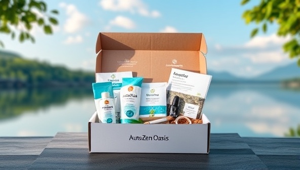 A serene visual representation of a beautifully curated subscription box from AutoZen Oasis, featuring a blend of wellness products, car care essentials, relaxation tools, and mindfulness resources, set against a backdrop of a tranquil nature scene, evoking a sense of peace and balance for drivers and vehicles.