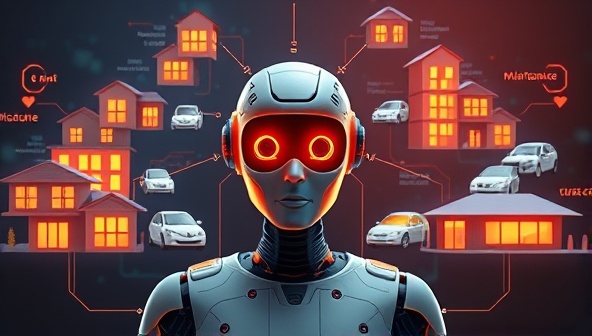 An imaginative visualization of a futuristic AI assistant managing multiple rental properties simultaneously, coordinating tenant interactions, maintenance requests, and rent collections with precision and efficiency, highlighting the innovative and automated nature of AI Rent Tech Solutions' rental property management platform.