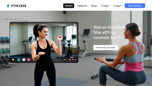 A digital platform showcasing virtual fitness coaching sessions with a trainer guiding a client through a workout via video call, fitness equipment in the background, and motivational quotes displayed, illustrating the convenience and effectiveness of virtual fitness coaching.
