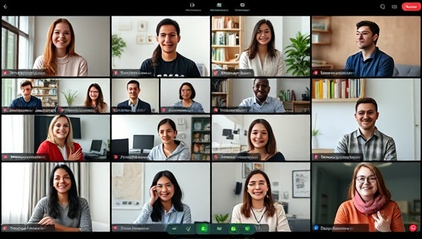 An engaging virtual classroom setting showcasing language learners from diverse backgrounds interacting through video calls, chat features, and interactive language exercises, fostering a sense of community and cultural exchange.
