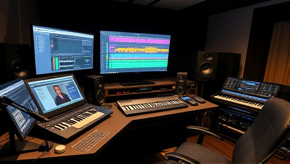 An immersive online music production studio setup with digital audio workstations, MIDI controllers, studio monitors, and a professional producer guiding a virtual session, highlighting the interactive and educational aspects of music production training in a digital environment.