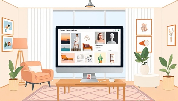 An illustration of a virtual interior design consultation session with a designer showcasing mood boards, color palettes, and furniture suggestions on a digital screen, surrounded by stylish decor elements and room layouts, creating a visual representation of personalized design solutions.
