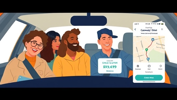 An engaging illustration of a diverse group of commuters sharing a ride in a car, smiling and conversing, with a digital map displaying their route and cost savings, promoting the platform's community-driven and eco-friendly approach to transportation.