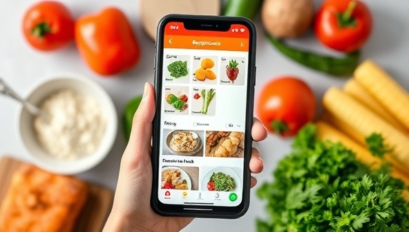 A smartphone screen displaying the RecipeGenius AI app interface with colorful recipe suggestions, cooking tips, and a personalized meal plan, surrounded by fresh ingredients and kitchen utensils, creating a modern and interactive cooking experience at users' fingertips.