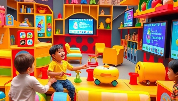 An interactive play zone filled with colorful toys, digital screens with educational games, and children laughing and playing together, capturing the essence of fun and learning in a vibrant environment.