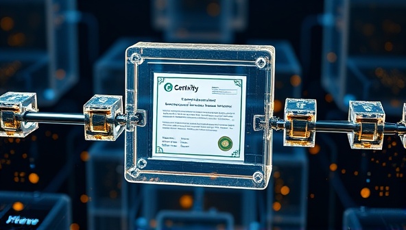 A futuristic visual of transparent blockchain blocks forming a secure chain around a digital certification document, symbolizing trust, transparency, and security in the verification process within the BlockVerify platform.