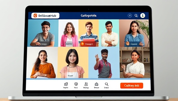 A diverse virtual skill-sharing session displayed on a laptop screen, featuring users exchanging knowledge and expertise in various fields such as coding, design, language learning, and culinary arts, with virtual badges and certificates symbolizing skill achievements and community collaboration, illustrating the concept of SkillSwapHub.