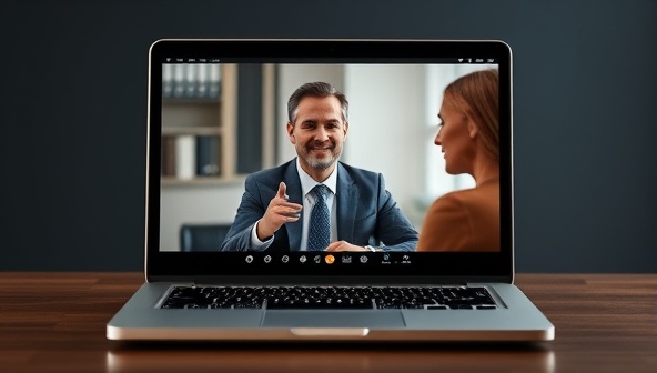 An engaging graphic of a laptop screen showing a virtual legal consultation in progress, with a lawyer providing advice to a client via video call, conveying professionalism and modern legal services.