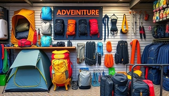An array of top-quality adventure gear displayed in a well-organized rental hub setting, featuring camping tents, hiking backpacks, climbing ropes, and outdoor accessories, inviting travelers to embark on thrilling expeditions with the gear from Adventura Gear Hub.