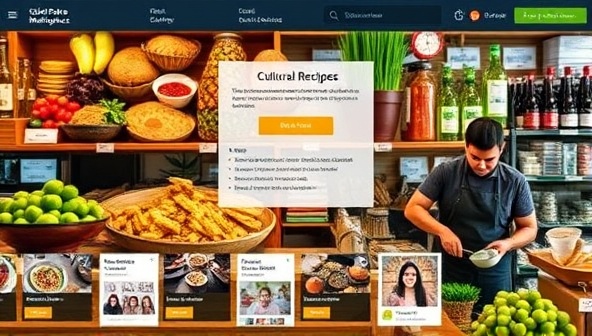 An engaging image of a virtual culinary marketplace interface with vibrant food photos, cultural recipes, and interactive cooking tutorials, showcasing the diverse and immersive culinary experiences available on the Global Palate Marketplace platform.