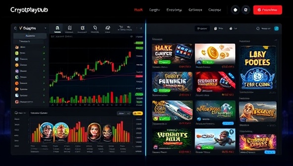 An innovative platform interface showcasing a seamless integration of cryptocurrency exchange features and interactive casino games, with digital asset charts and game icons displayed side by side, illustrating the unique fusion of finance and entertainment in CryptoPlay Hub.