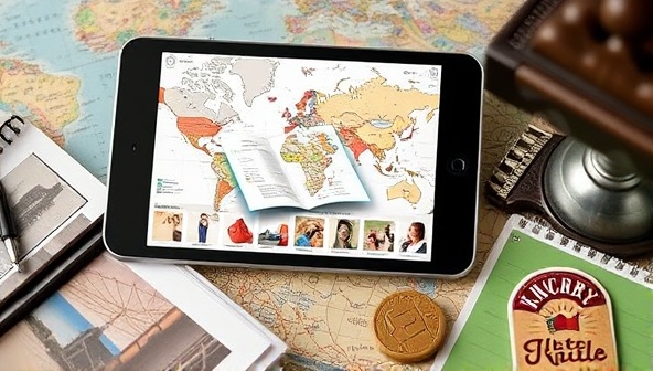 A mobile screen displaying a digital travel memory book with interactive maps, travel photos, and journal entries, surrounded by travel souvenirs and mementos, capturing the essence of travel nostalgia and personal storytelling through technology.