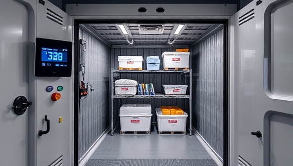An image of a state-of-the-art temperature-controlled storage unit by ChillZone Rentals, featuring a digital temperature display, secure access control, and neatly arranged sensitive goods inside, highlighting the precision and reliability of the storage solution.