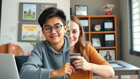 A split-screen image showing a student engaging in an interactive online language lesson with a mentor, with virtual language exercises and cultural images in the background, highlighting the platform's dynamic and immersive learning experience.
