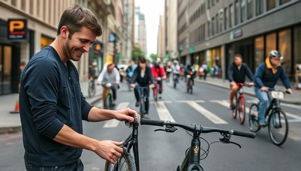 An engaging visual featuring a mechanic fixing a bike on the spot for a smiling customer, surrounded by a backdrop of city streets with cyclists passing by, showcasing the convenience and efficiency of PedalPro Fix's on-demand repair service.