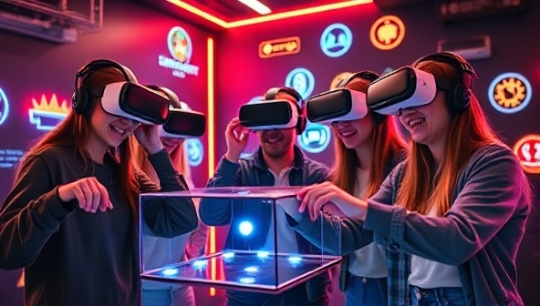 A group of friends wearing VR headsets, enthusiastically working together to solve a virtual puzzle in a futuristic digital escape room setting, with glowing symbols and interactive elements surrounding them.